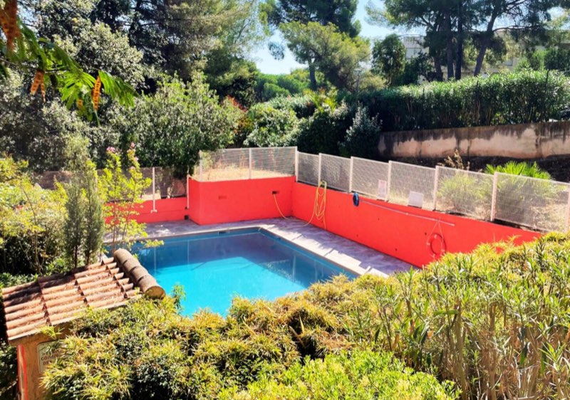 The residence pool seen from the terrace, among the pines